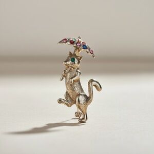 Vintage Squirrel Umbrella Brooch Green Rhinestone Eyes Figural Pin